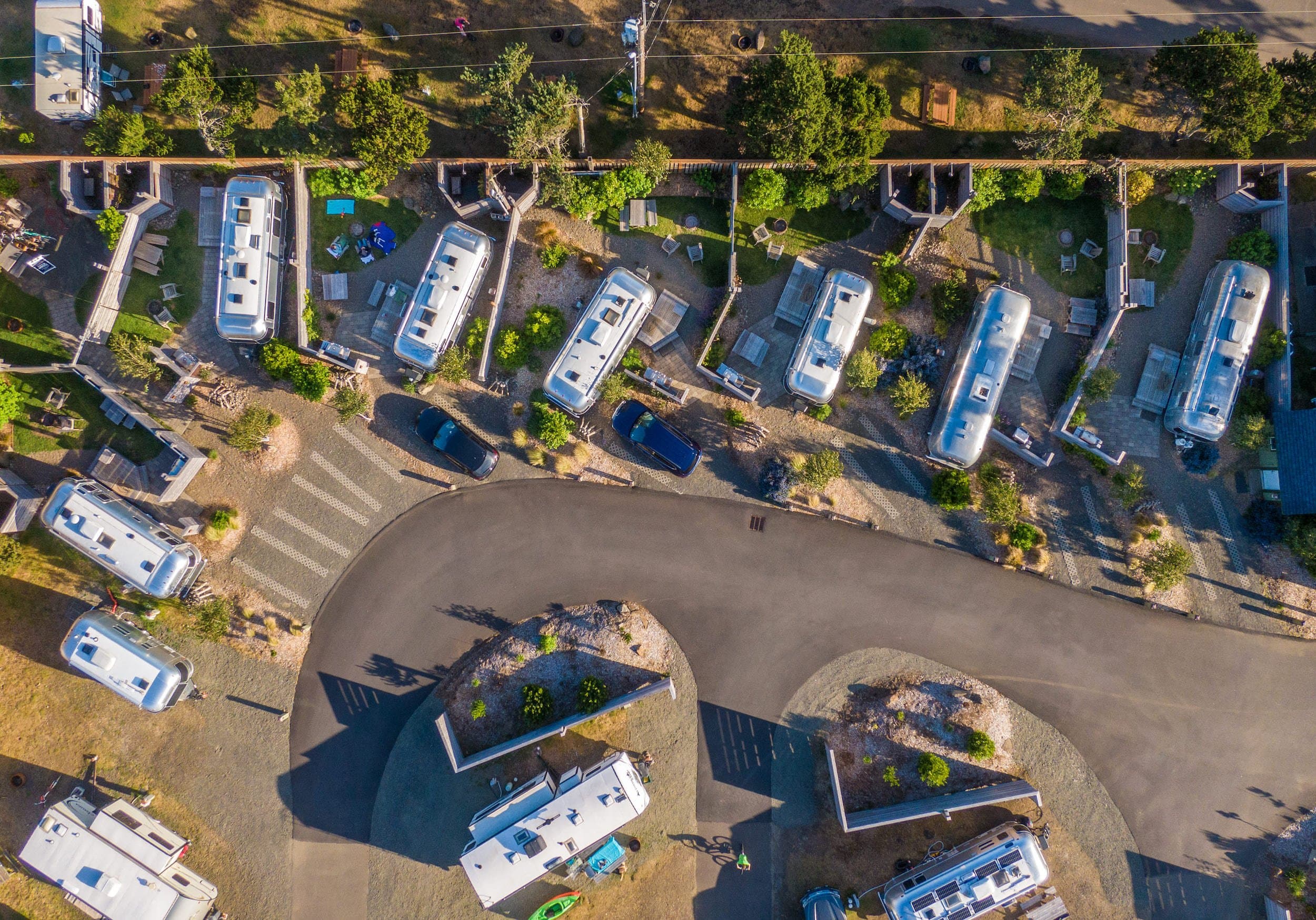 Aerial view of the Airstreams and RVs at Harts Camp campground