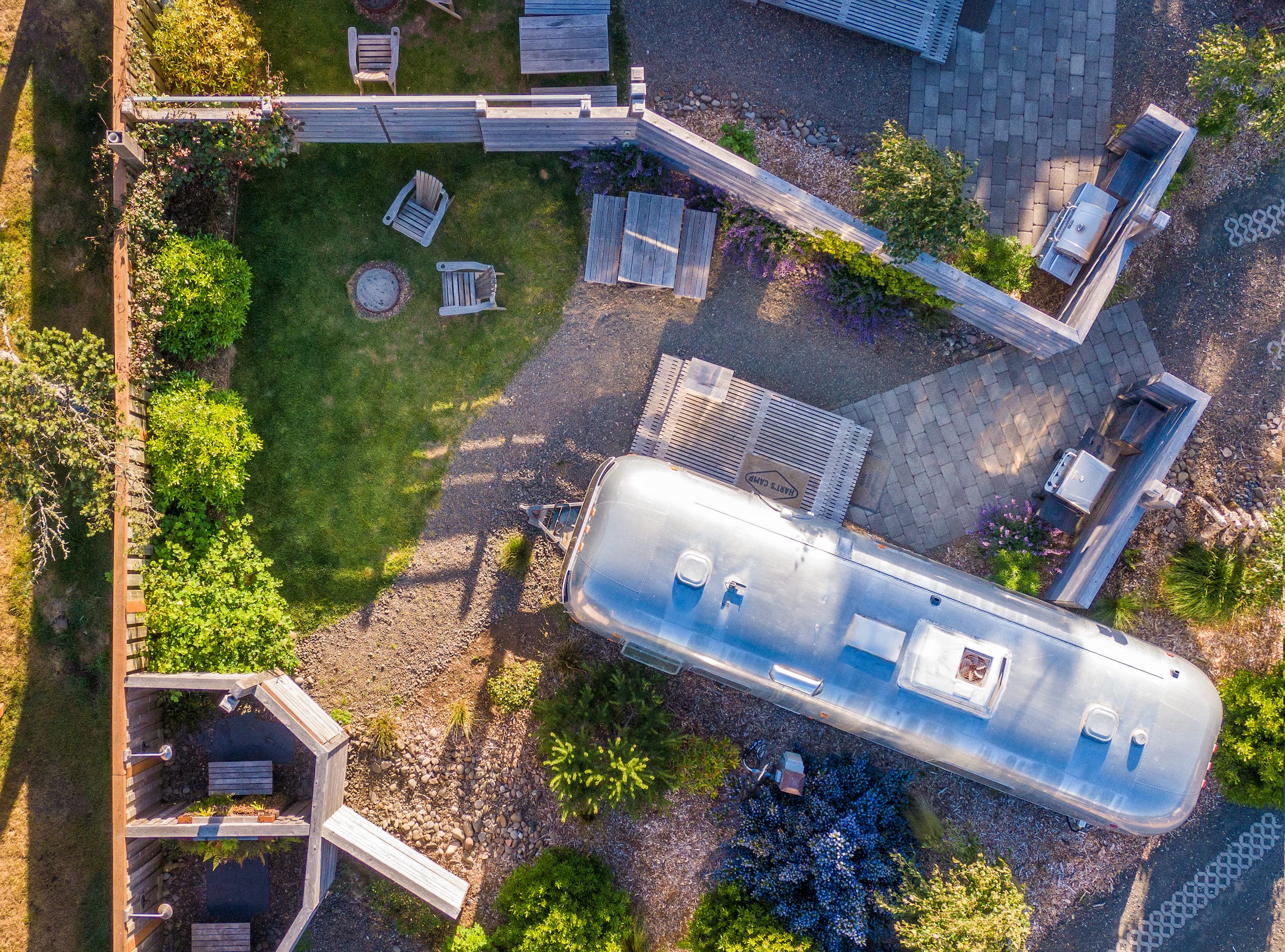 An aerial view of one airstream and its lot at Harts Camp