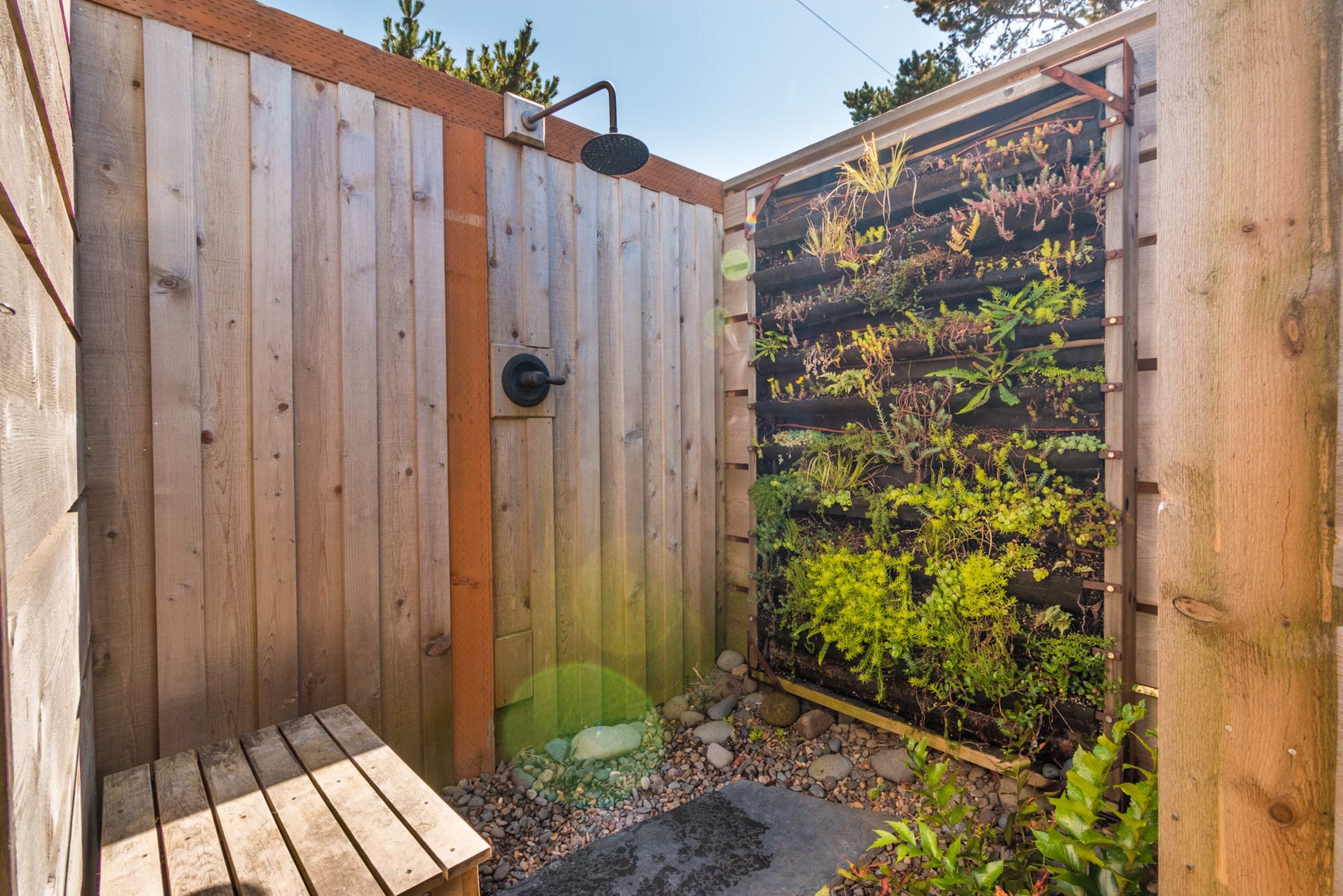 The outdoor shower area of a bun airstream at Harts Camp