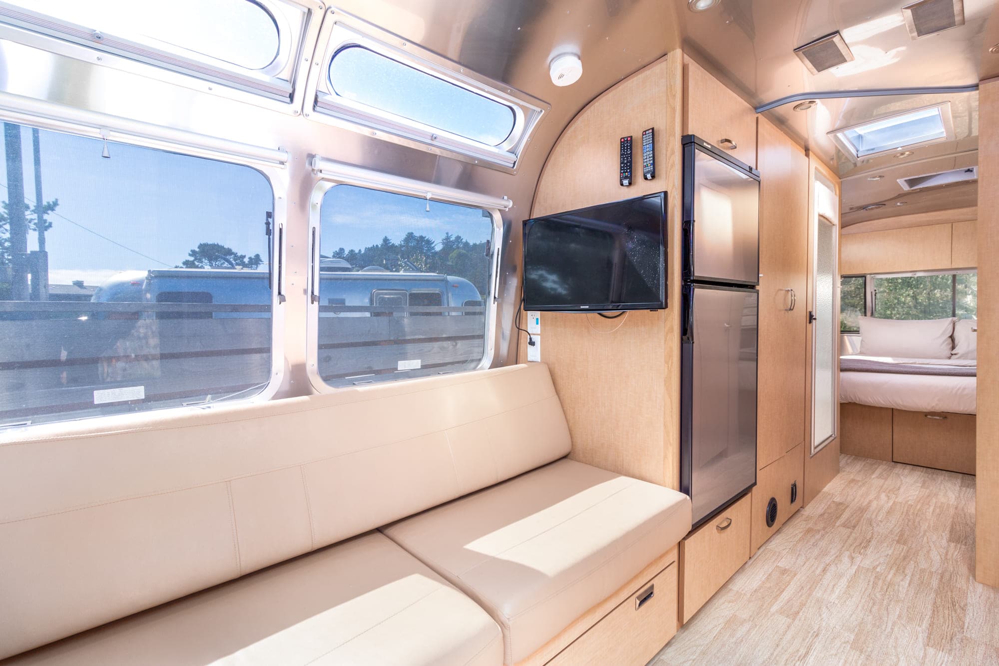 The living area of a premium airstream at Harts Camp