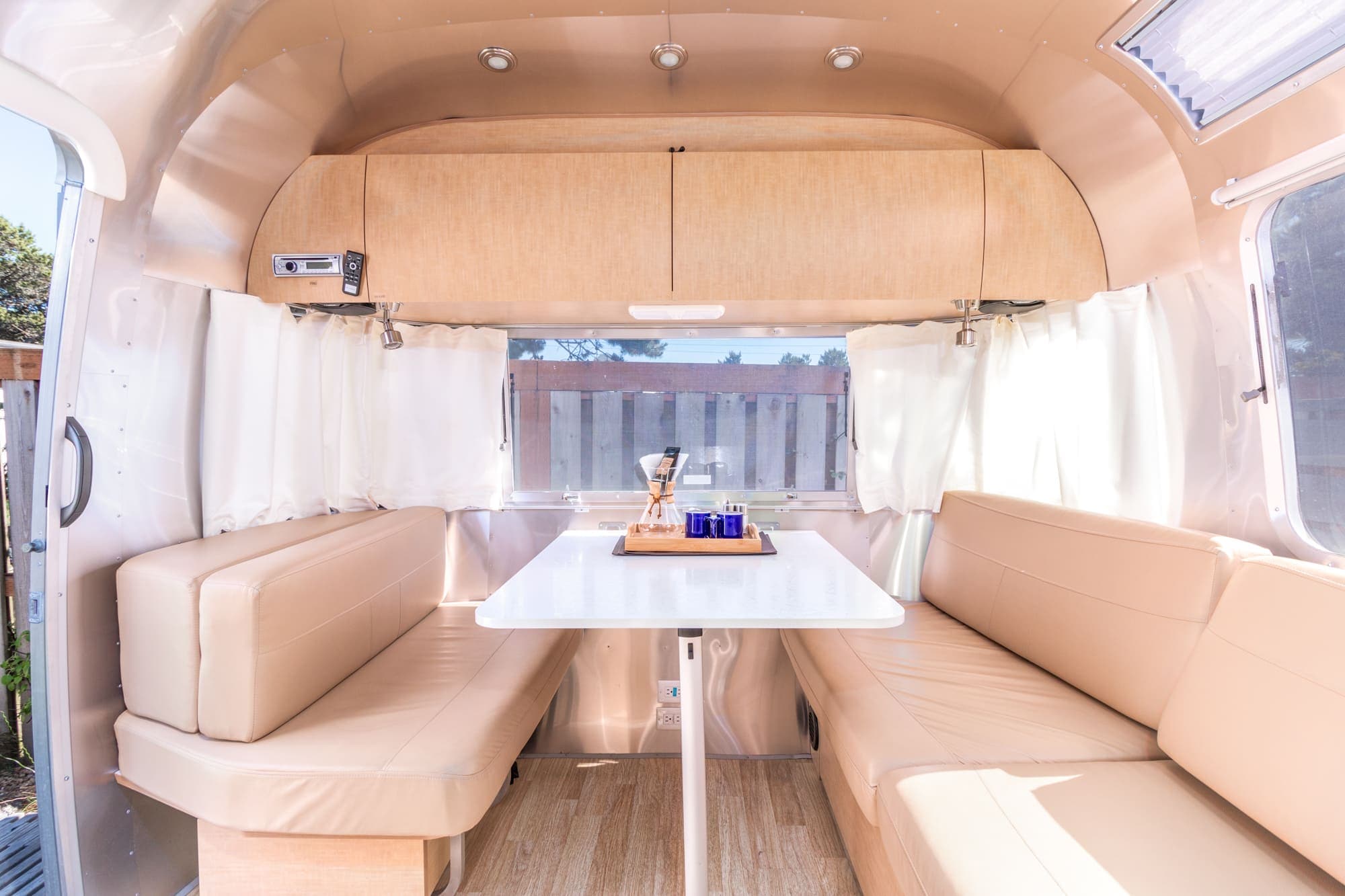 The dining table in a premium airstream at Harts Camp