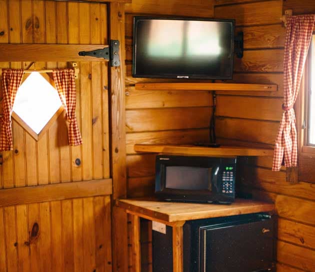 The Tv, Microwave, and mini fridge inside a cabin at Harts Camp