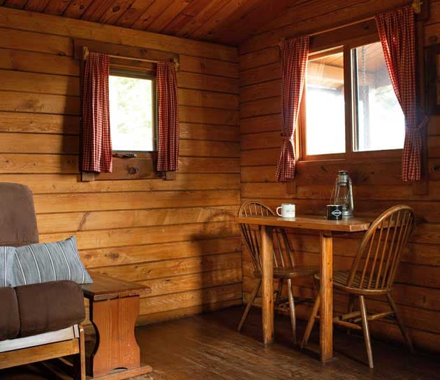 The living space inside a cabin at Harts camp
