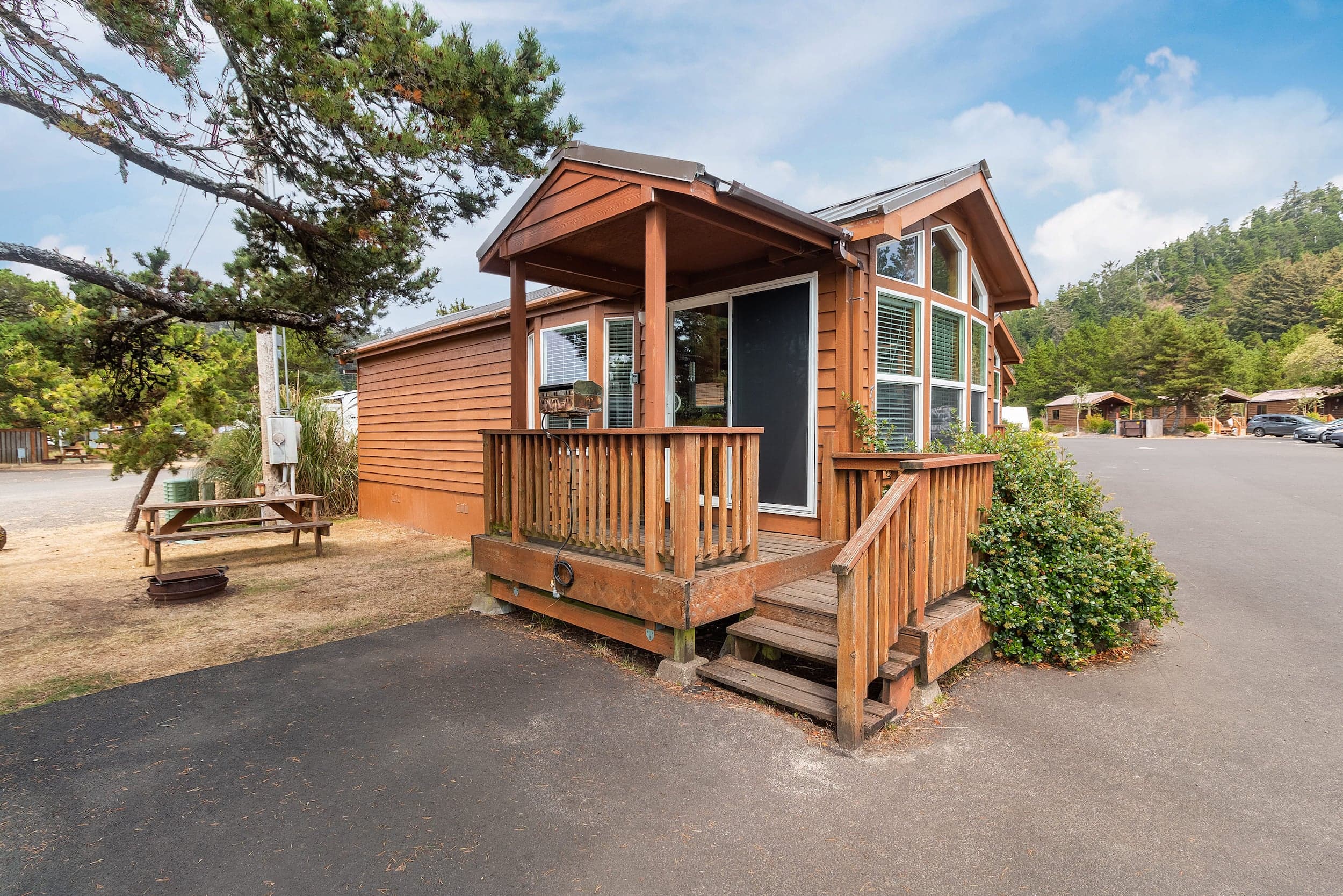 The exterior of a cabin at Hart's Camp, Pacific City, OR