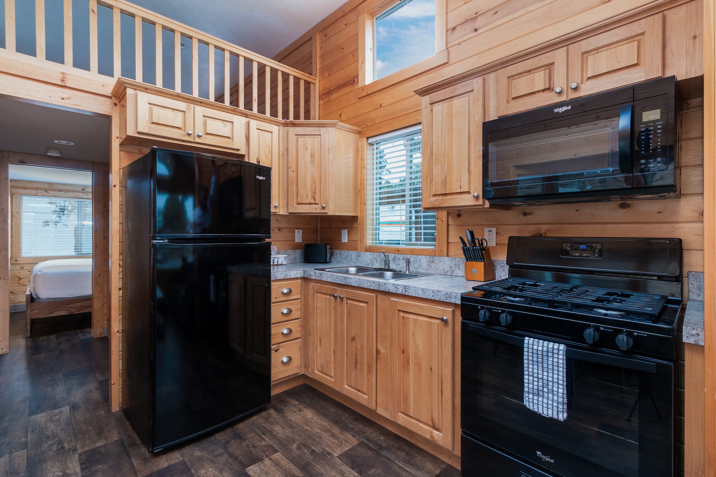The kitchen area inside an accommodation at Hart's Camp, Pacific City, OR