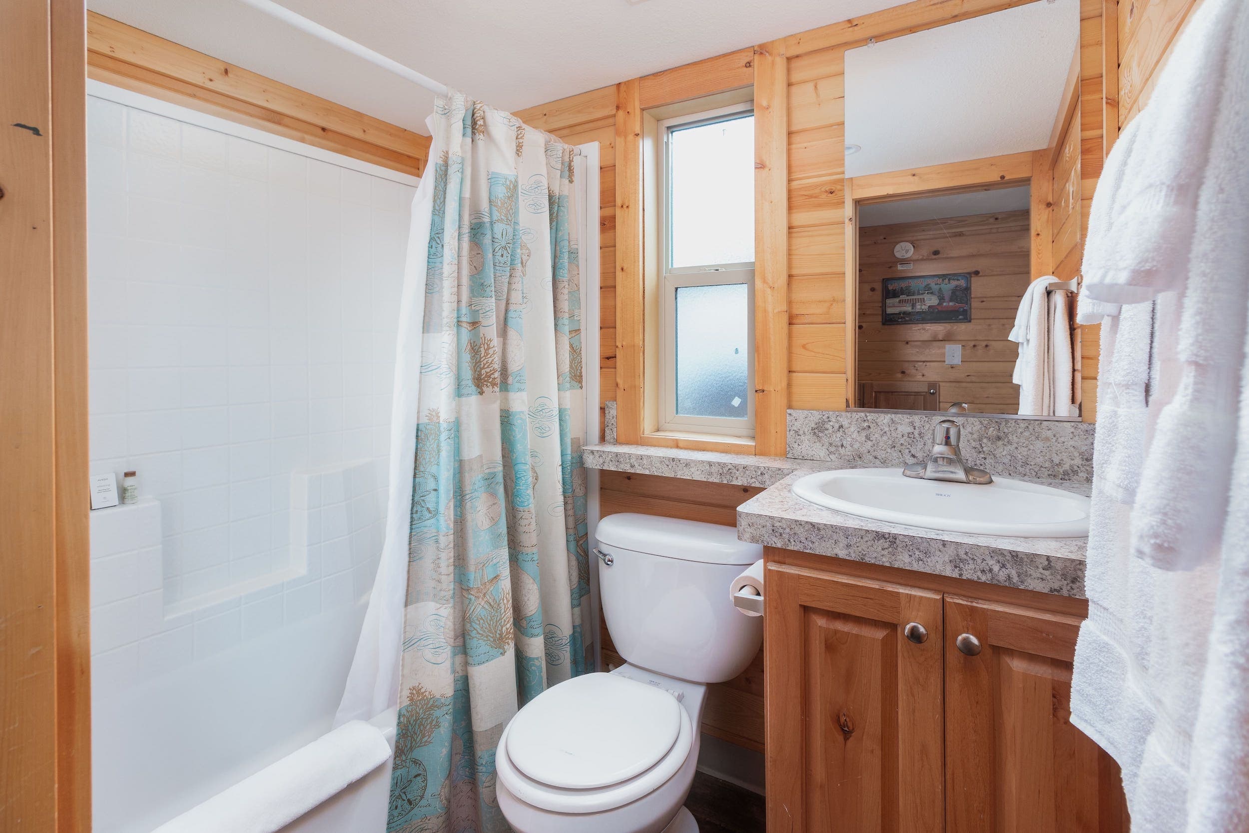 The bathroom area inside an accommodation at Hart's Camp, Pacific City, OR