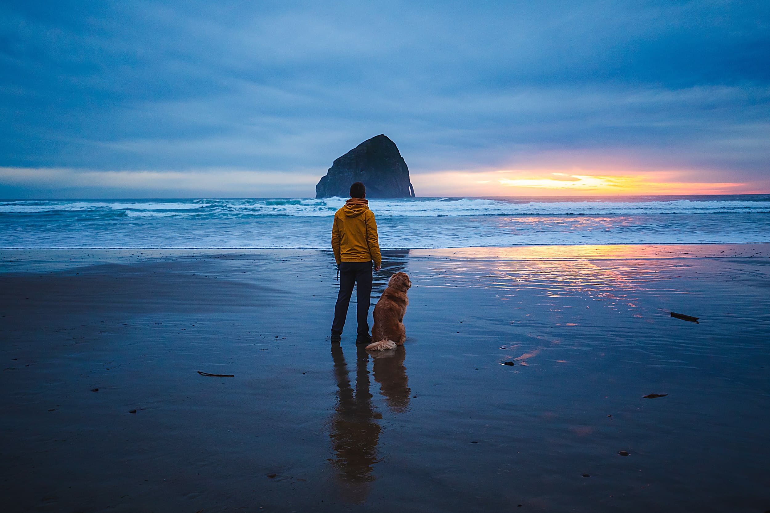 Visitor and dog watching sunset beside Cape Kiwanda's Haystack Rock on the Pacific City beach near The Inn at Hart's Camp