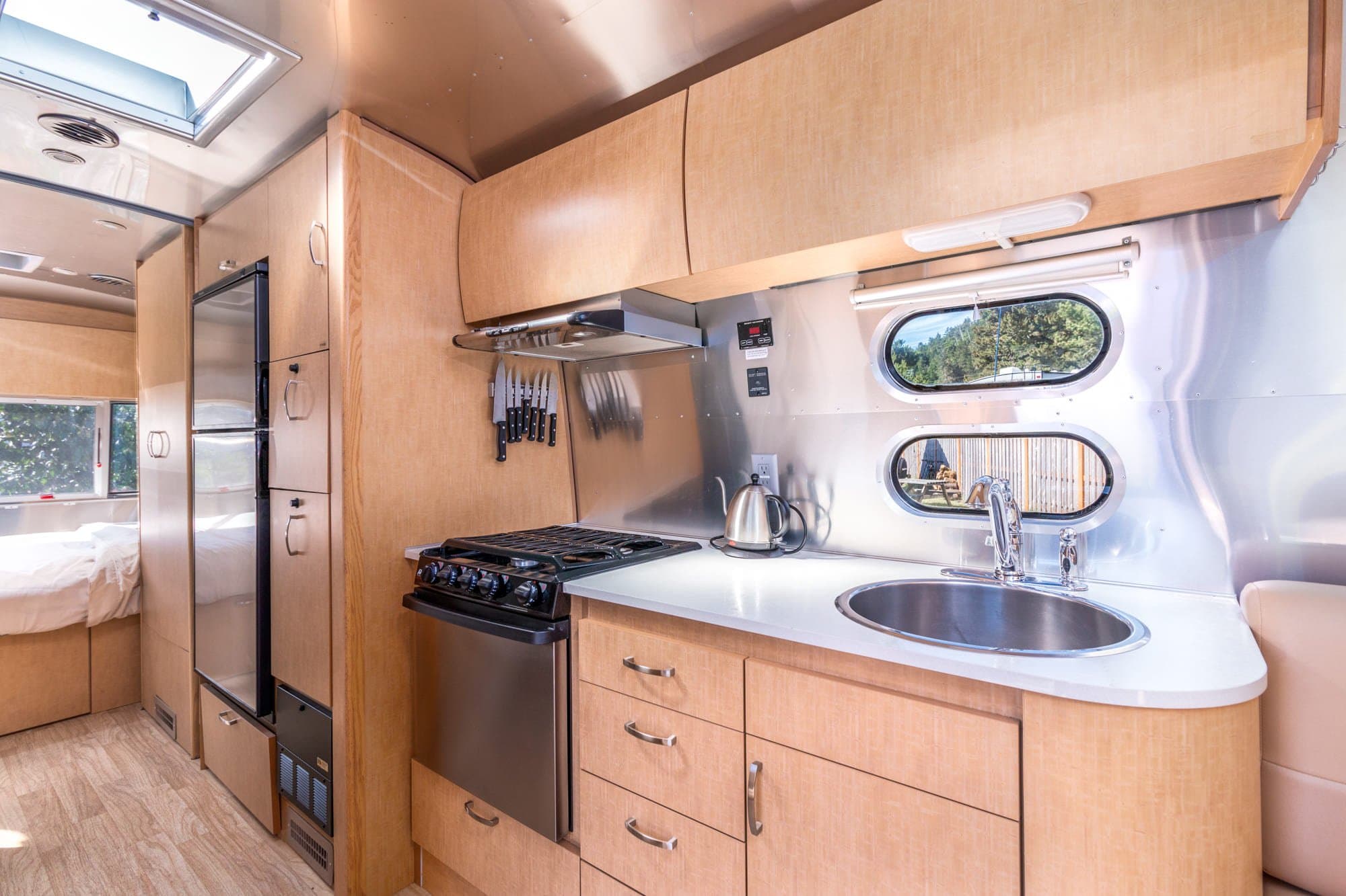 The kitchen of a standard airstream at Harts camp