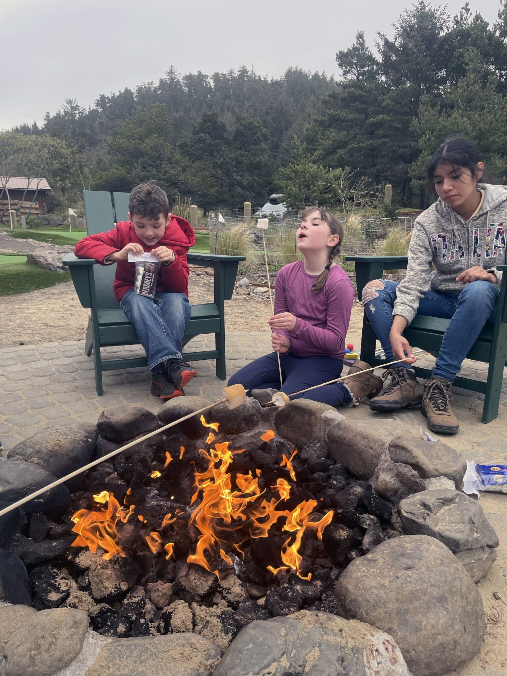 Kids making s'mores around a campfire at Hart's Camp