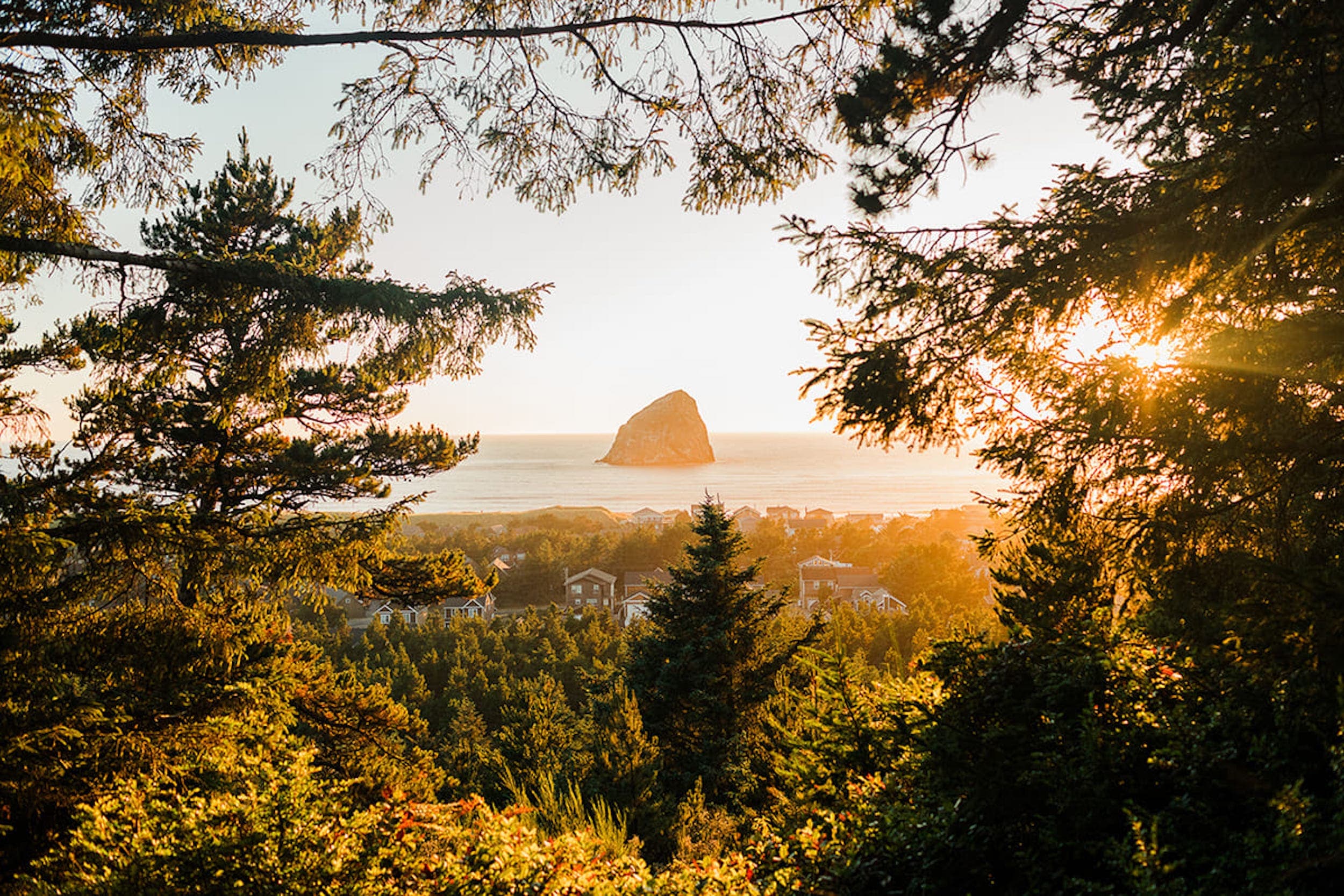 A view of the large rock in the ocean from a lookout at Cape Kiwanda