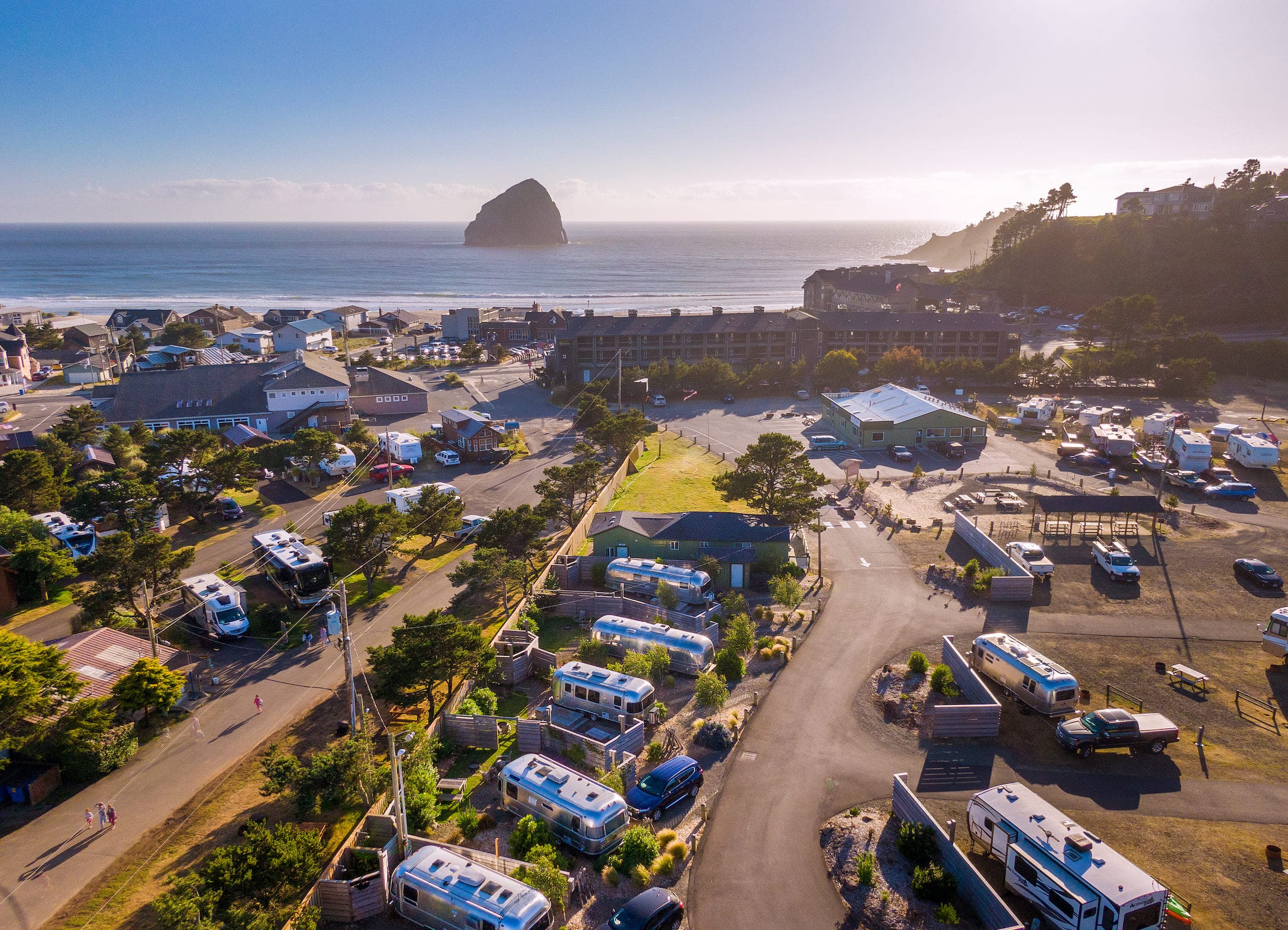 An aerial view of Harts Camp Campground and the ocean