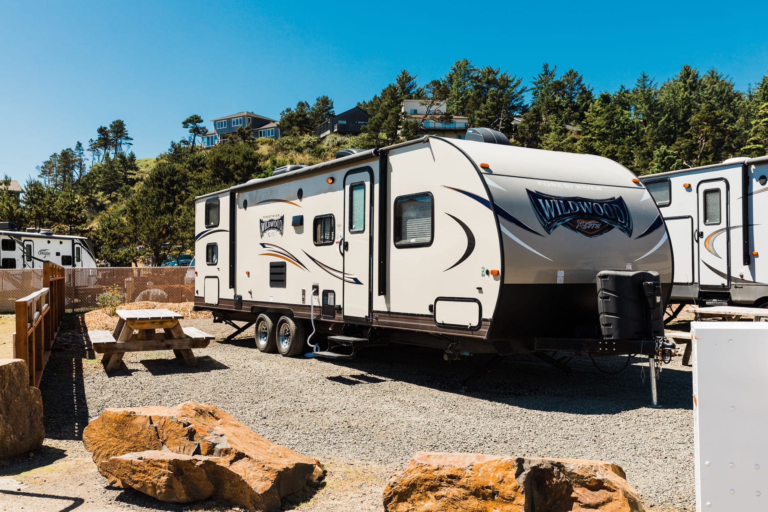 A parked RV at Hart's Camp RV camp site