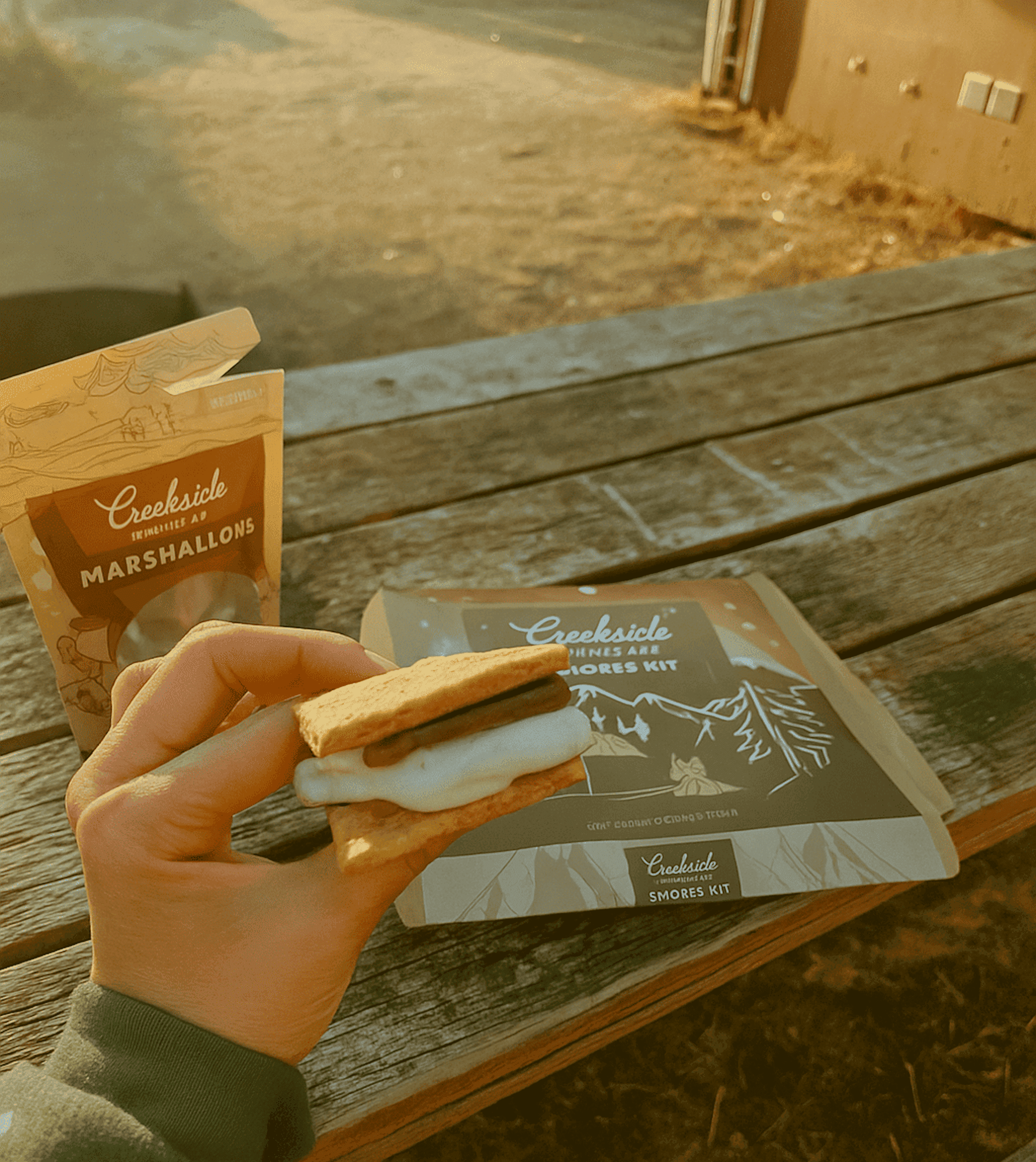 A person holding a S'more between their fingers on a picnic table at Cape Kiwanda