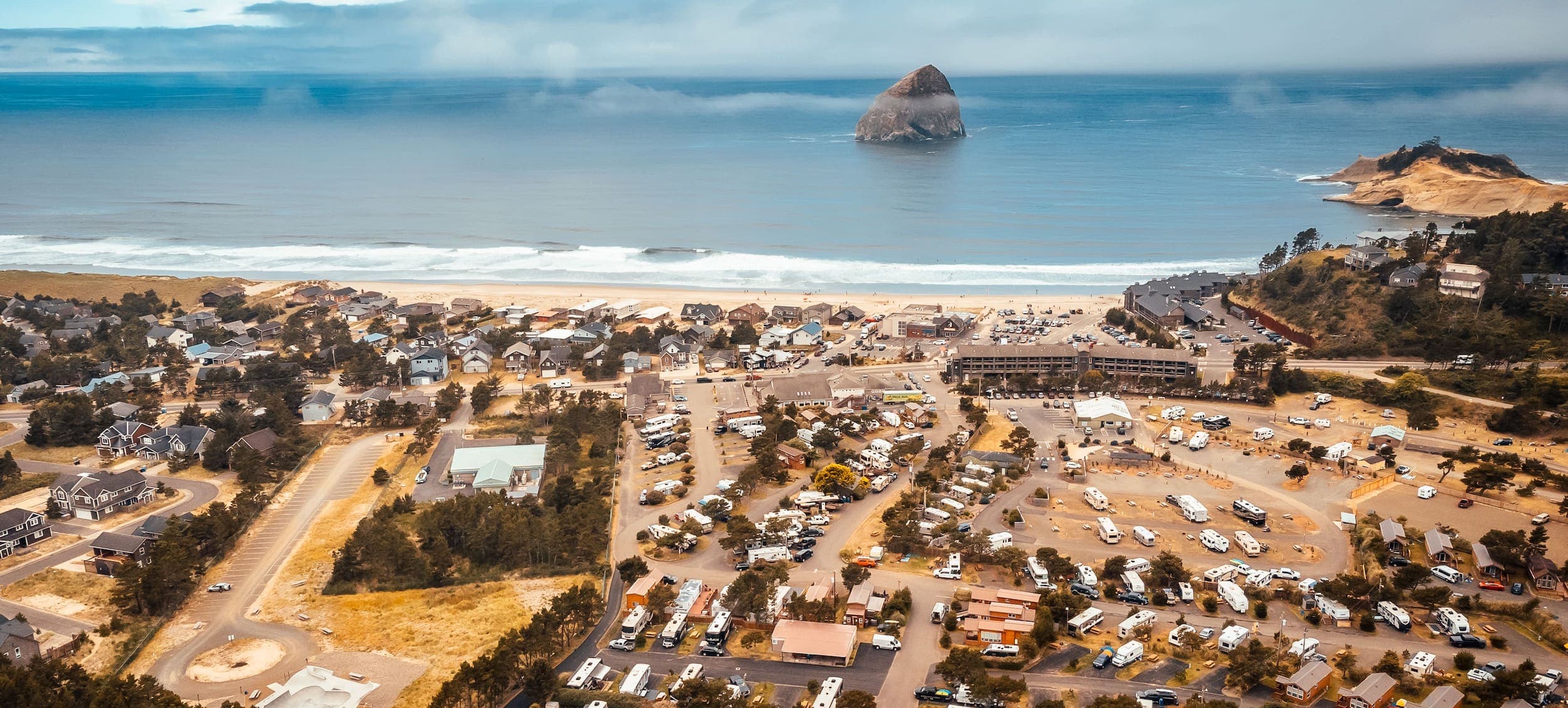 An Aerial view of Cape Kiwanda on a gorgeous blue sky day