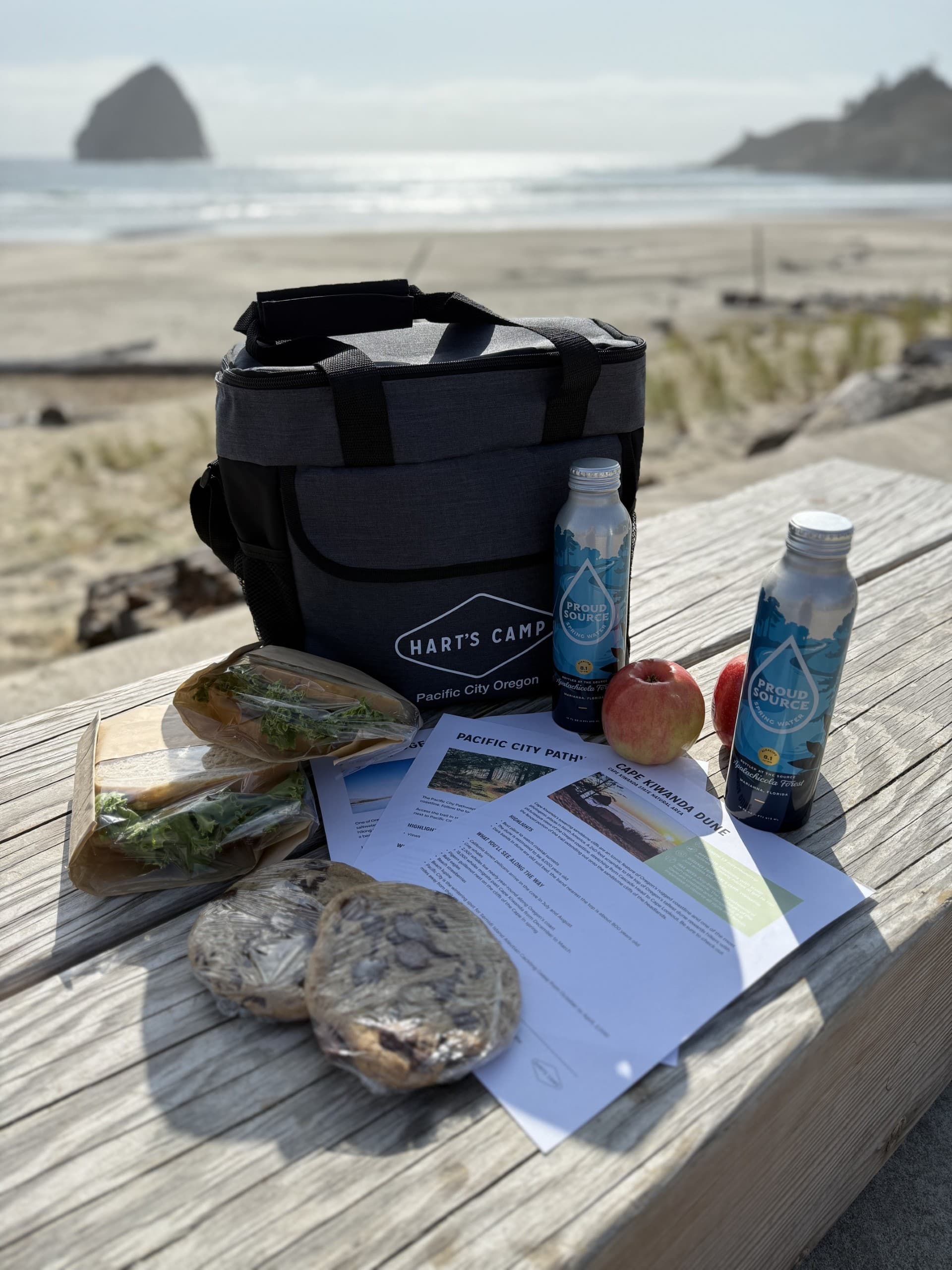 Trail snacks and maps of trails on a picnic table at Cape Kiwanda