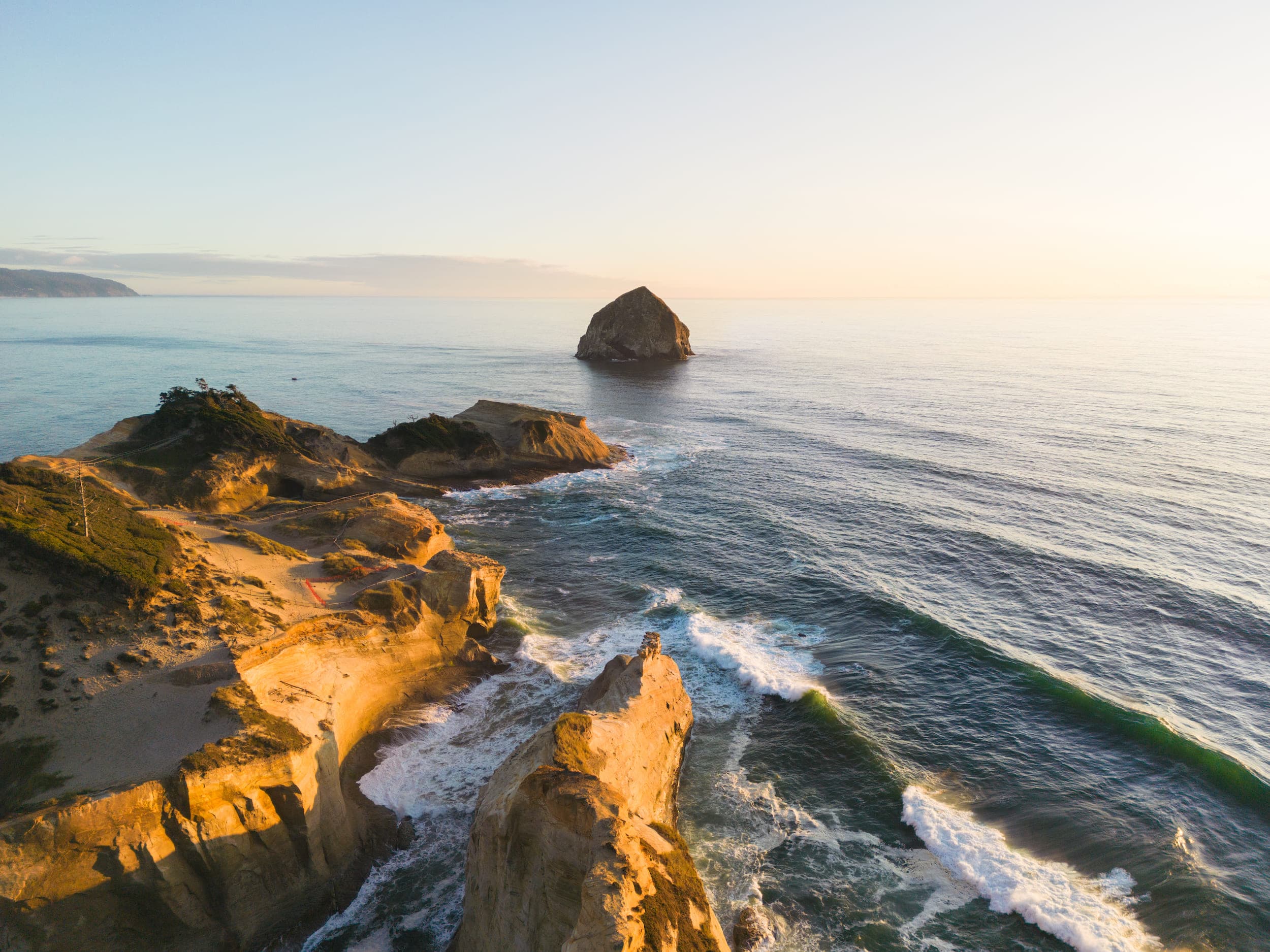 Drone view of Cape Kiwanda Haystack Rock